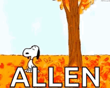 a cartoon of snoopy standing next to a tree with the name allen written below him