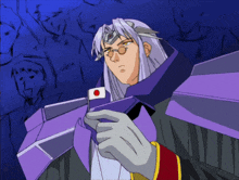 a man in a purple suit is holding a japanese flag in his hand