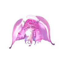 a pixel art drawing of a pink unicorn with wings and a halo