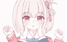a drawing of a girl with pink hair and a blue bow on her head