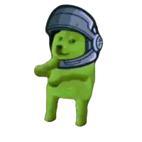 a green dog wearing a helmet and headphones is standing on a white background