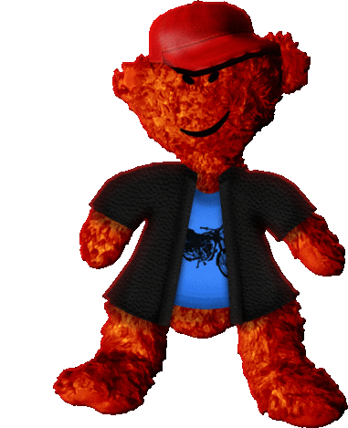 a red teddy bear is wearing a red hat and a blue shirt