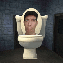 a man sitting in a toilet with his head sticking out of it