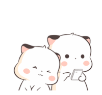 two cartoon cats are standing next to each other and one of them is holding a cell phone .