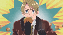 a man with glasses is eating a hamburger in a cartoon