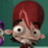 a blurry picture of a cartoon character with a red helmet on .