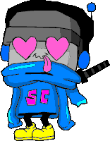 a cartoon drawing of a robot with hearts in his eyes and a shirt that says sc