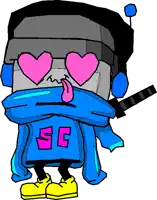 a cartoon drawing of a robot with hearts in his eyes and a shirt that says sc