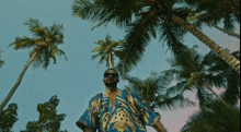 a man wearing sunglasses and a blue shirt is standing in front of palm trees