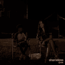 a shameless advertisement shows a woman sitting next to a boy holding a drink