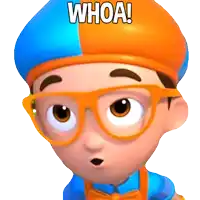 a cartoon character wearing glasses and a blue and orange hat says whoa