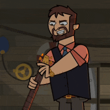 a man with a beard is holding a guitar with a watch on his wrist that says ' i love you '