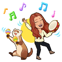 a cartoon of a woman dancing with a ferret holding maracas and a tambourine