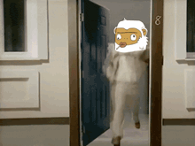 a cartoon of a monkey with a cigarette in his mouth walking through a door with the number 8 on it