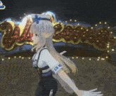 a cartoon character stands in front of a sign that says welcome