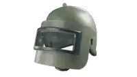 a green military helmet with a black visor