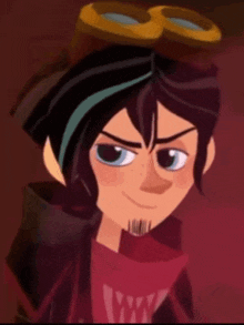 a close up of a cartoon character with a red shirt that says vw