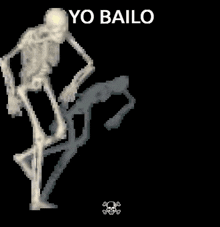 a pixel art of a skeleton dancing with the words yo bailo below it