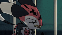 a close up of a cartoon character with a skull around his neck