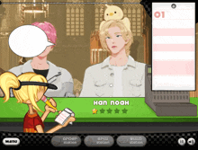 a video game shows a man named han noah taking an order