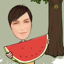 a woman is holding a slice of watermelon in front of a tree