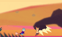a cartoon of a boy and a girl standing next to each other on a pink and orange background