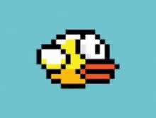 a pixel art of a yellow bird with a red beak on a blue background