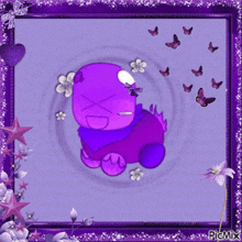 a picture of a purple monster surrounded by butterflies and flowers with the caption picmix