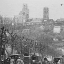 a black and white photo of a group of people walking down a street with a city in the background .