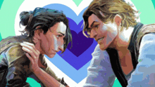 two men are looking at each other in front of a heart