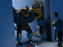 a robot with the letter p on the back of it