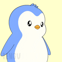 a blue and white penguin holding a pink heart with the word pengu on the bottom