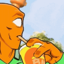 a cartoon character is eating an ice cream cone with a spoon .