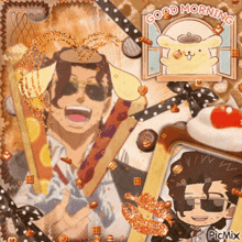 a picture of a man with a pompompurin on his head and the words good morning on it