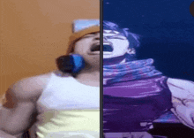 a man is laying on a bed next to a picture of a man screaming .