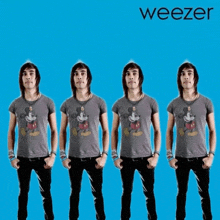a group of men wearing mickey mouse shirts are standing in front of a blue background that says weezer