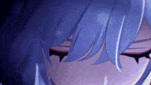 a close up of a person 's face with blue hair and red eyelashes .