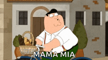 peter griffin from family guy is riding a bike with a basket full of bread and the words mama mia below him