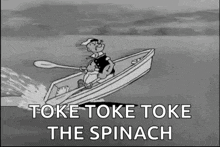 popeye is rowing a boat in the ocean with a oar .