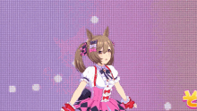 a girl in a pink dress is standing in front of a purple checkered background with chinese writing on it