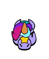 a purple and pink cartoon character with a lightning bolt on his head is holding a purple object .