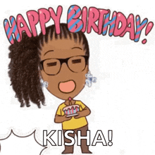 a cartoon girl is holding a birthday cake and saying happy birthday .
