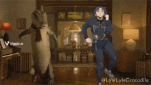 a man and a crocodile are dancing in a room