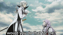 a man with a sword is standing next to a woman with long hair .