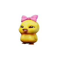 a yellow cartoon chicken with a pink bow on its head