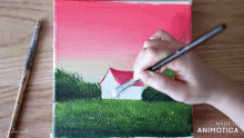 a person is painting a house with a red roof on a canvas made by animatica