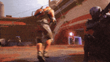 a video game is being played and a soldier is running towards another soldier