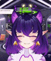 a girl with purple hair and cat ears is smiling