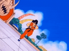a cartoon character is running in front of a building with a dragon on it .
