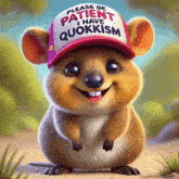 a cartoon animal wearing a hat that says please be patient i have quokism